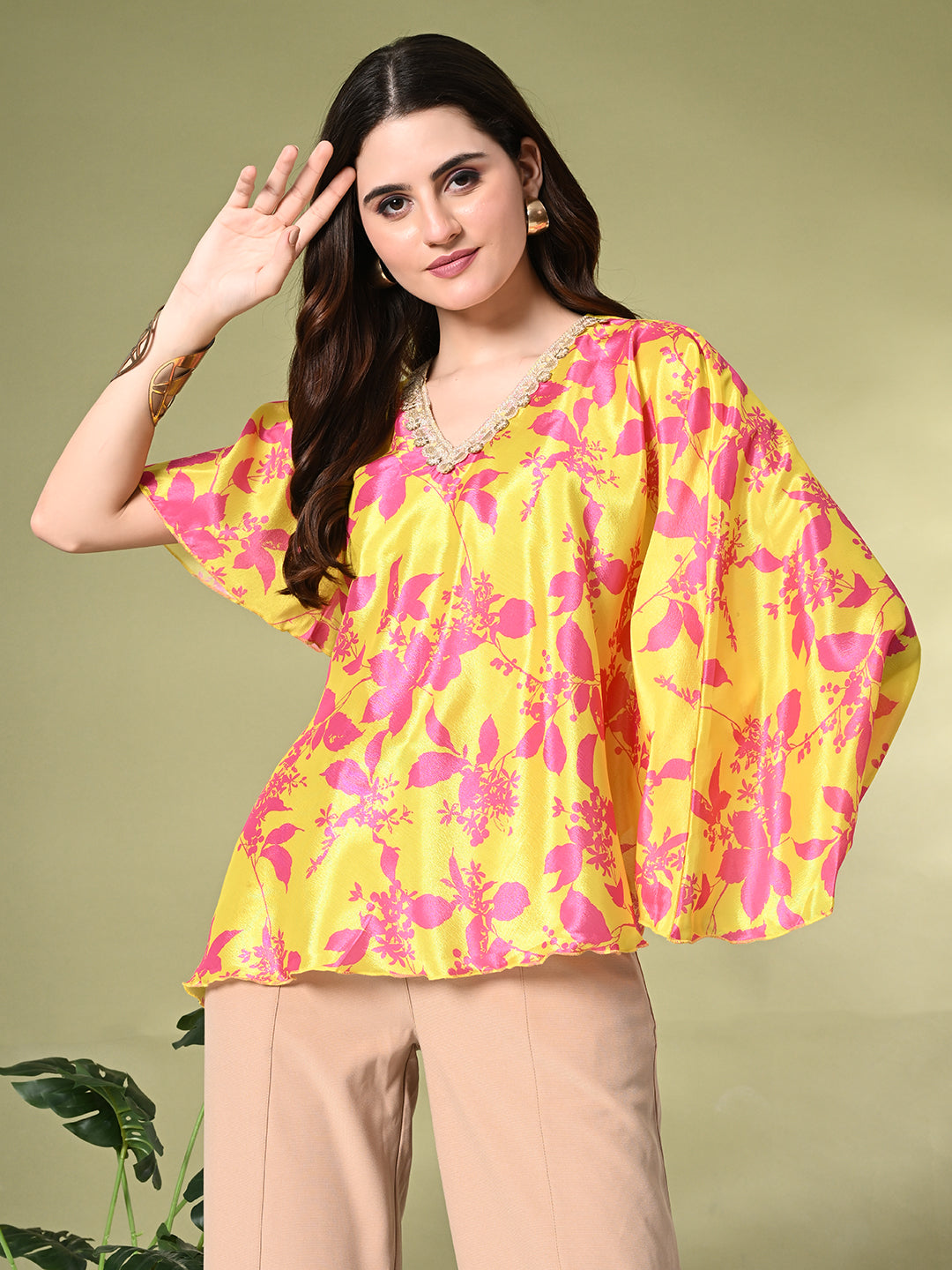 Myshka Women's Printed Chinon Kaftan Style Flayerd Sleeves Party Tops In Yellow Color | Grocsy