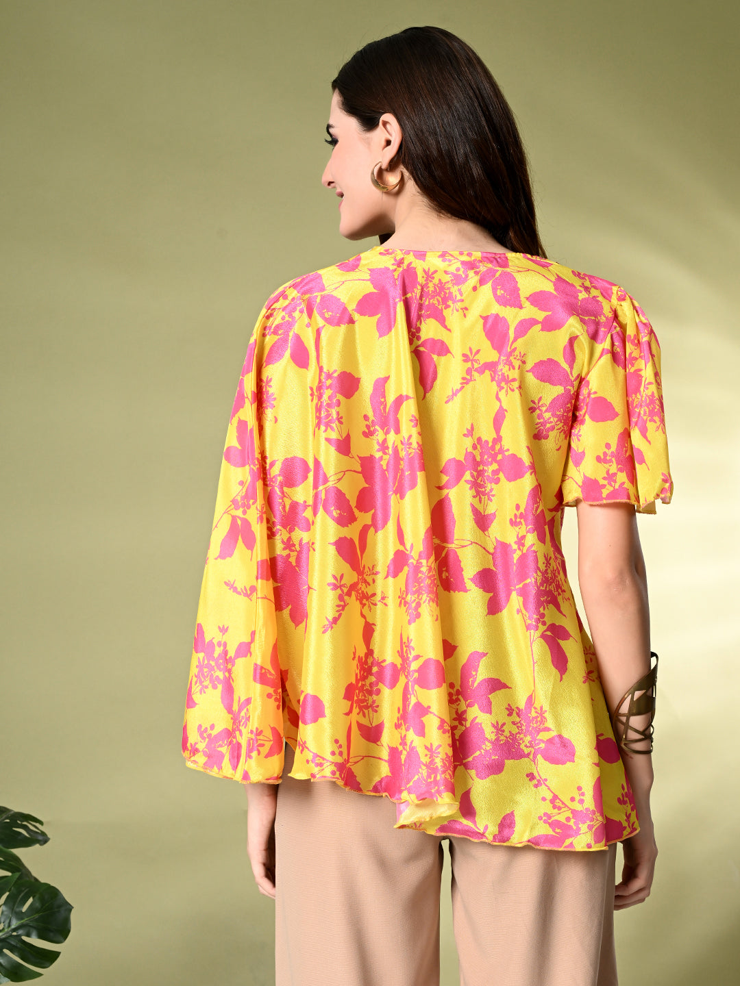 Myshka Women's Printed Chinon Kaftan Style Flayerd Sleeves Party Tops In Yellow Color | Grocsy