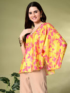 Myshka Women's Printed Chinon Kaftan Style Flayerd Sleeves Party Tops In Yellow Color | Grocsy