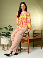 Myshka Women's Printed Chinon Kaftan Style Flayerd Sleeves Party Tops In Yellow Color | Grocsy