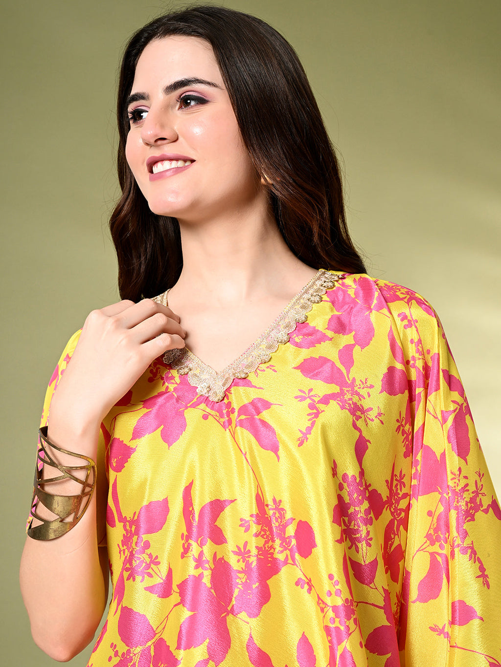 Myshka Women's Printed Chinon Kaftan Style Flayerd Sleeves Party Tops In Yellow Color | Grocsy