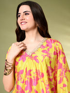 Myshka Women's Printed Chinon Kaftan Style Flayerd Sleeves Party Tops In Yellow Color | Grocsy