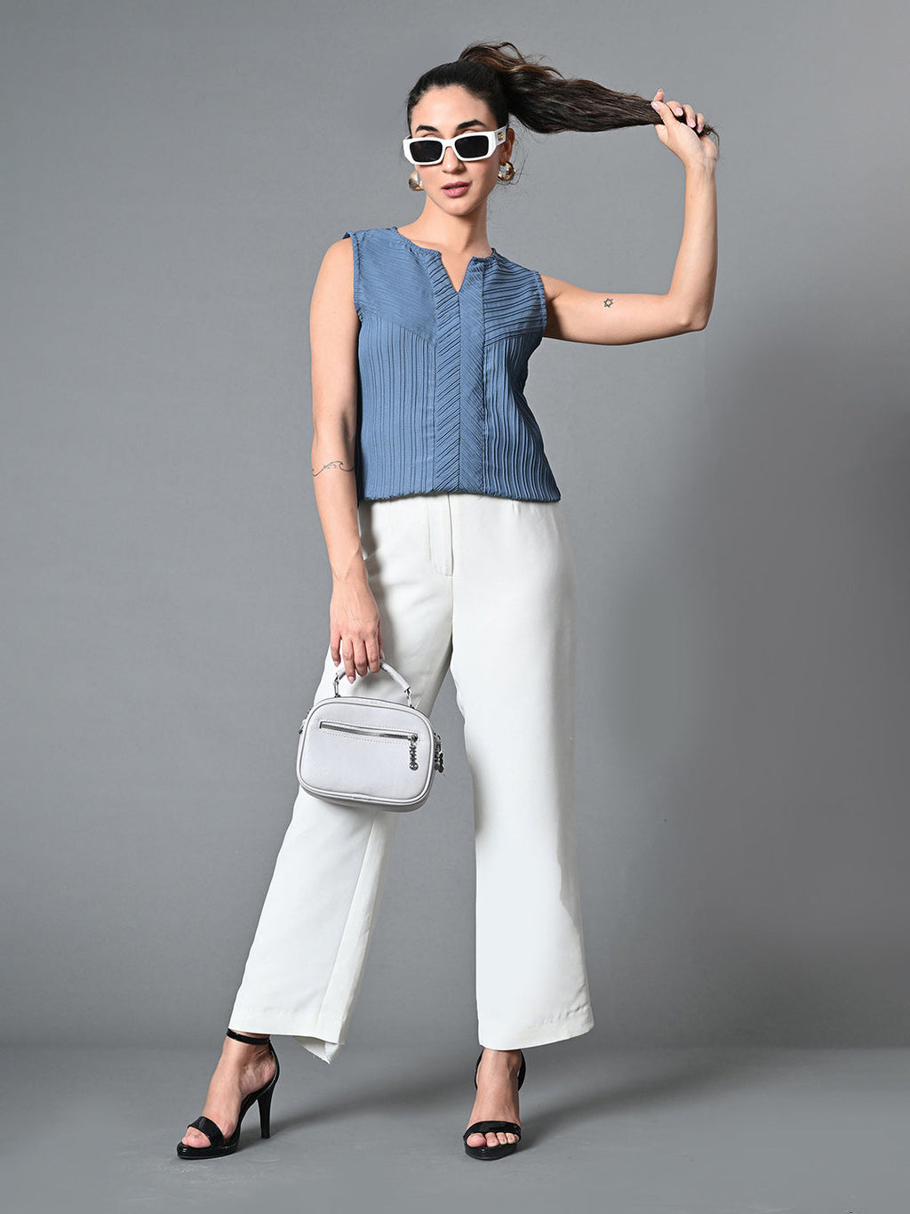 Myshka Women's Keyhole Neck Sleeveless Top in Grey Color | Grocsy