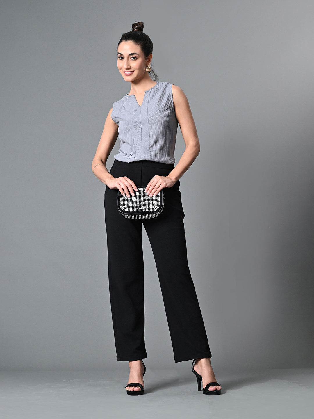 Myshka Women's Keyhole Neck Sleeveless Top in Grey Color | Grocsy