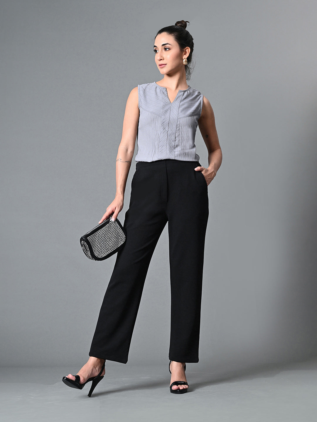 Myshka Women's Keyhole Neck Sleeveless Top in Grey Color | Grocsy