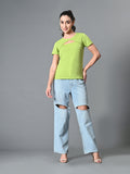 Myshka Women's Ribbed Round Neck Cut-out Short Sleeves Top in Green Color | Grocsy