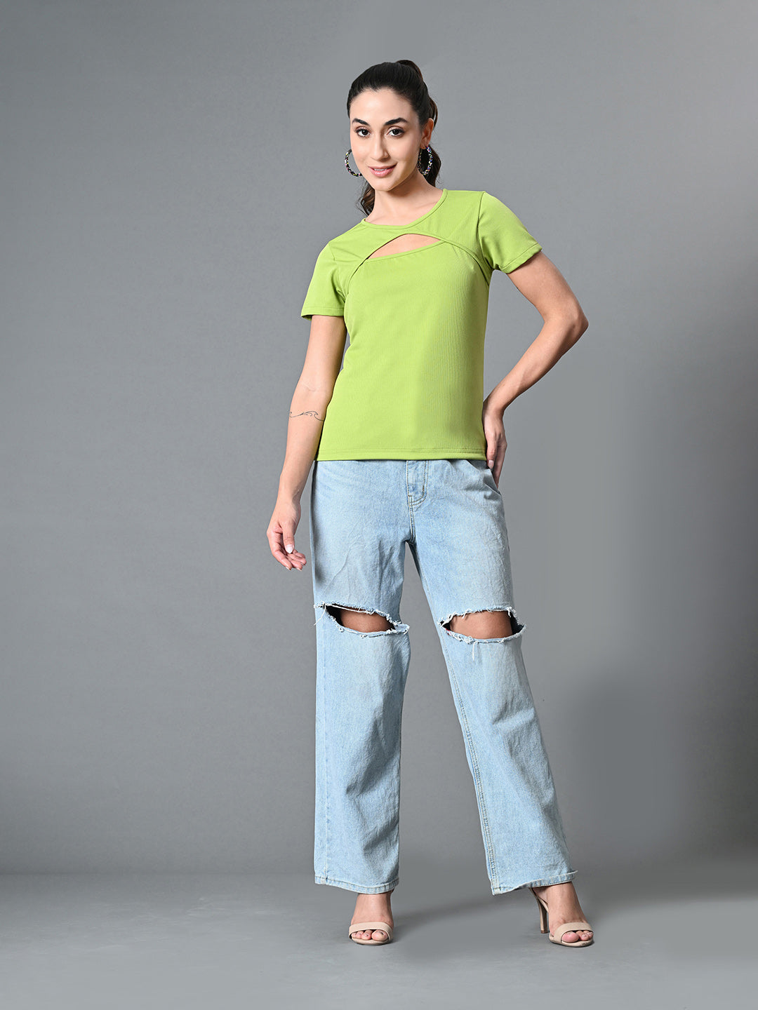 Myshka Women's Ribbed Round Neck Cut-out Short Sleeves Top in Green Color | Grocsy