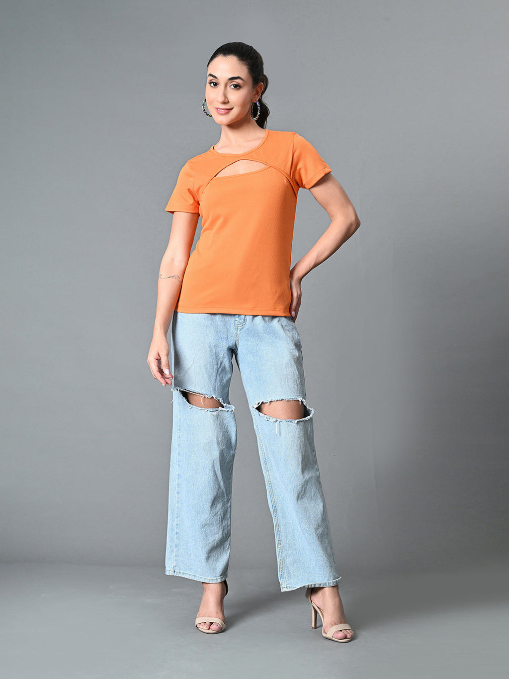 Myshka Women's Ribbed Round Neck Cut-out Short Sleeves Top in Orange Color | Grocsy