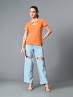 Myshka Women's Ribbed Round Neck Cut-out Short Sleeves Top in Orange Color | Grocsy