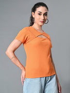 Myshka Women's Ribbed Round Neck Cut-out Short Sleeves Top in Orange Color | Grocsy