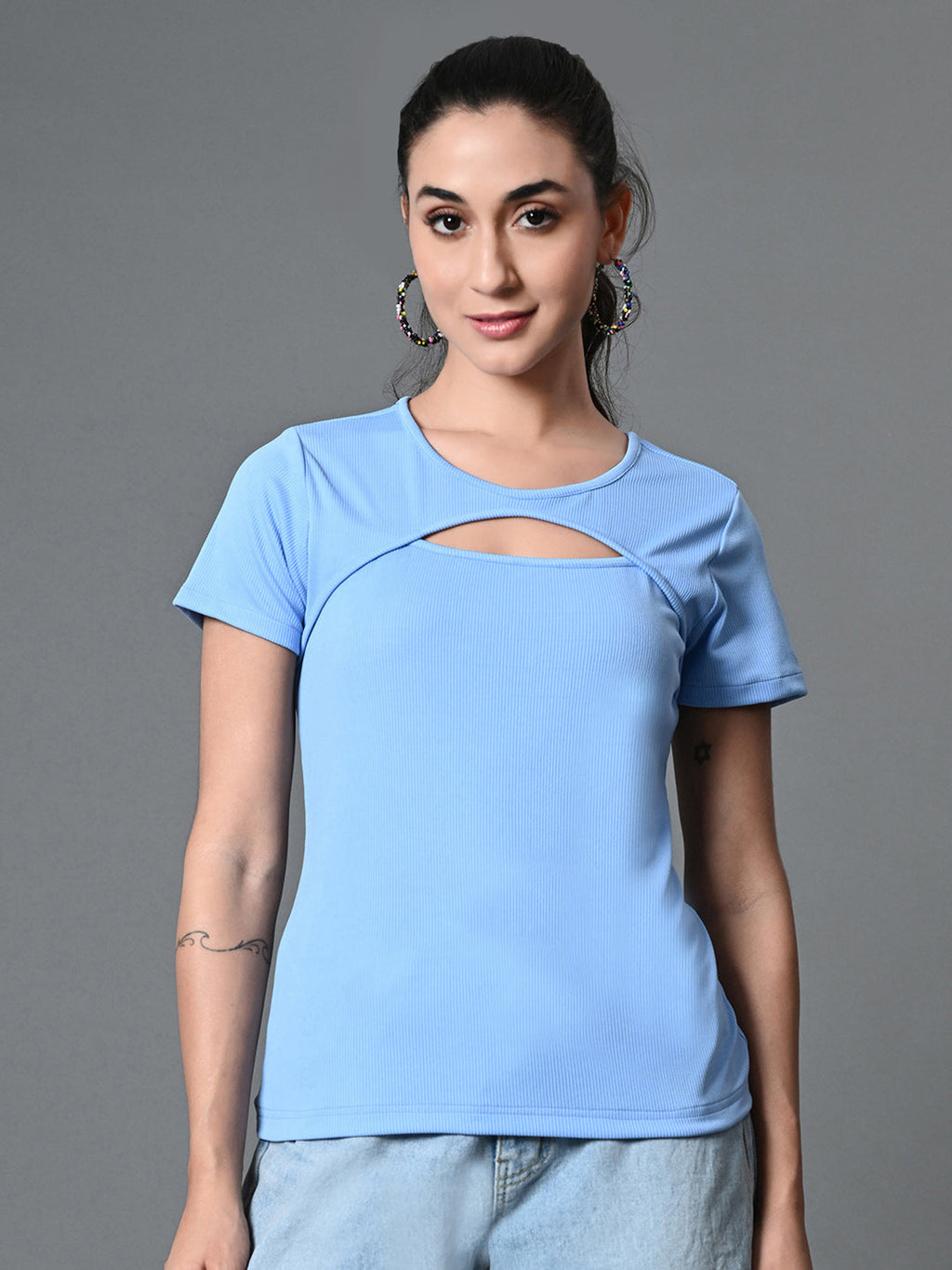 Myshka Women's Ribbed Round Neck Cut-out Short Sleeves Top in Blue Color | Grocsy
