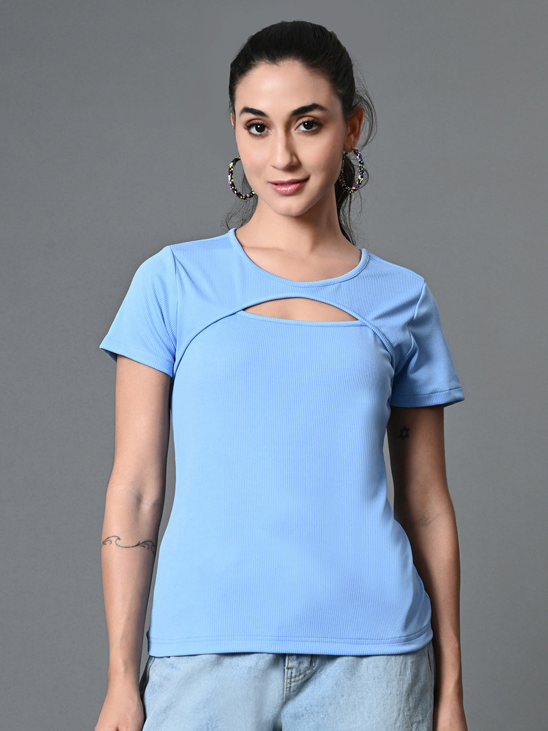 Myshka Women's Ribbed Round Neck Cut-out Short Sleeves Top in Blue Color | Grocsy