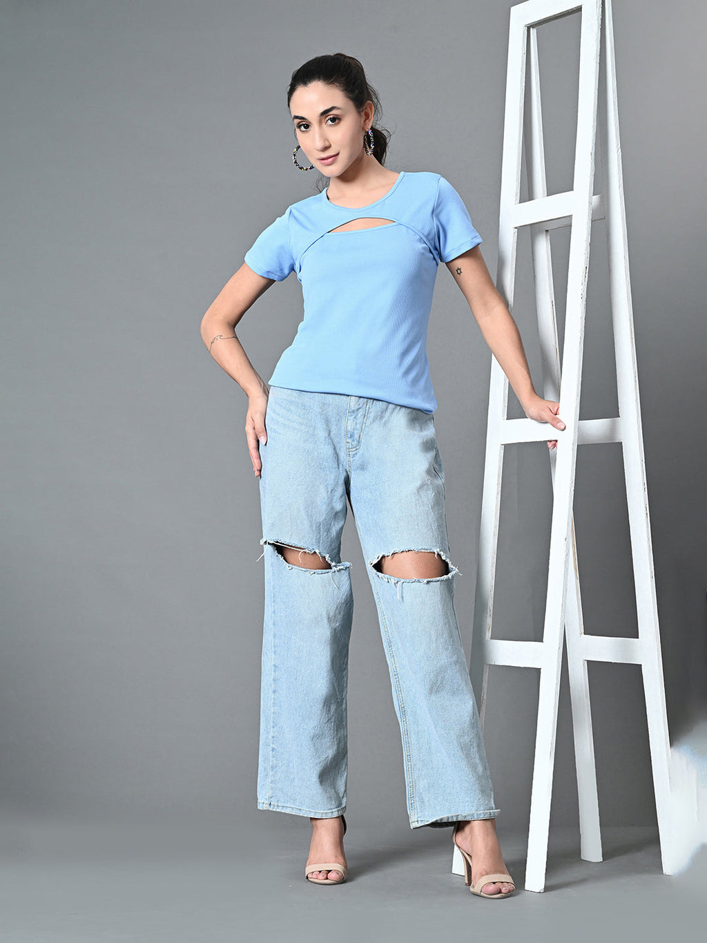 Myshka Women's Ribbed Round Neck Cut-out Short Sleeves Top in Blue Color | Grocsy
