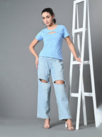 Myshka Women's Ribbed Round Neck Cut-out Short Sleeves Top in Blue Color | Grocsy