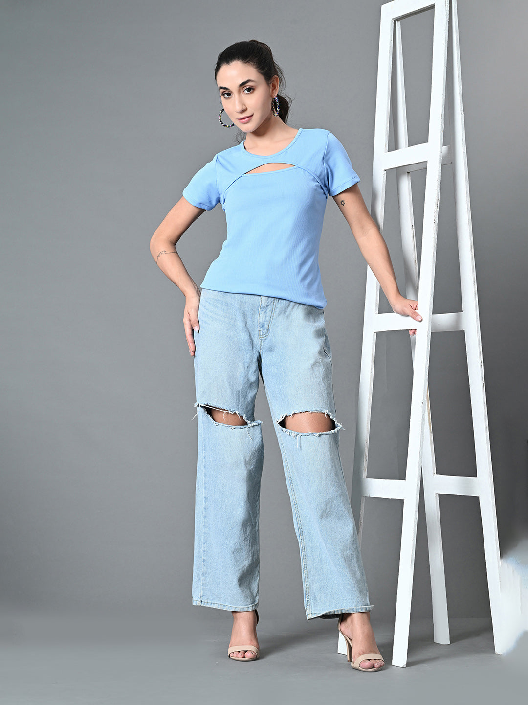 Myshka Women's Ribbed Round Neck Cut-out Short Sleeves Top in Blue Color | Grocsy