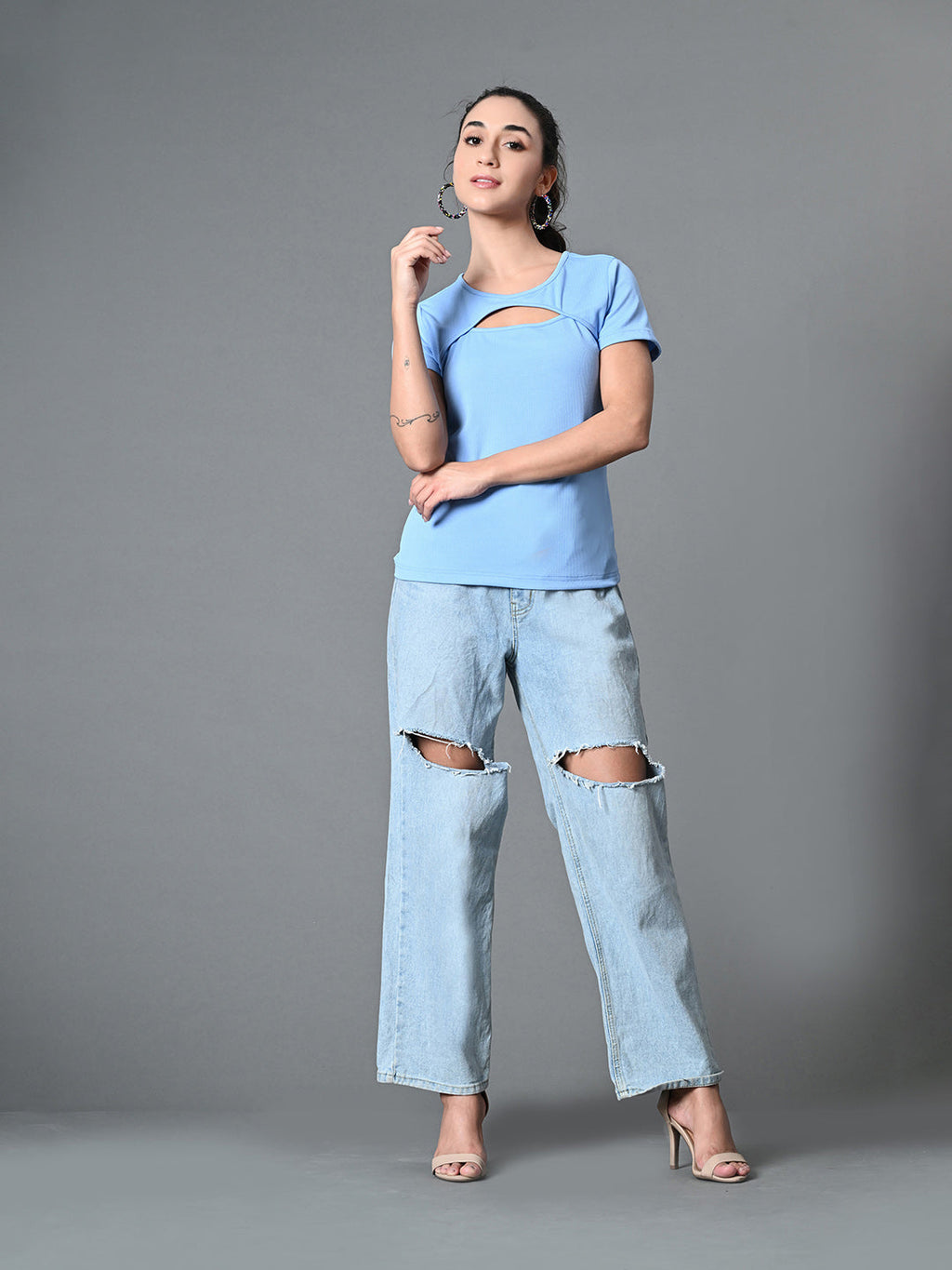 Myshka Women's Ribbed Round Neck Cut-out Short Sleeves Top in Blue Color | Grocsy