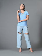 Myshka Women's Ribbed Round Neck Cut-out Short Sleeves Top in Blue Color | Grocsy