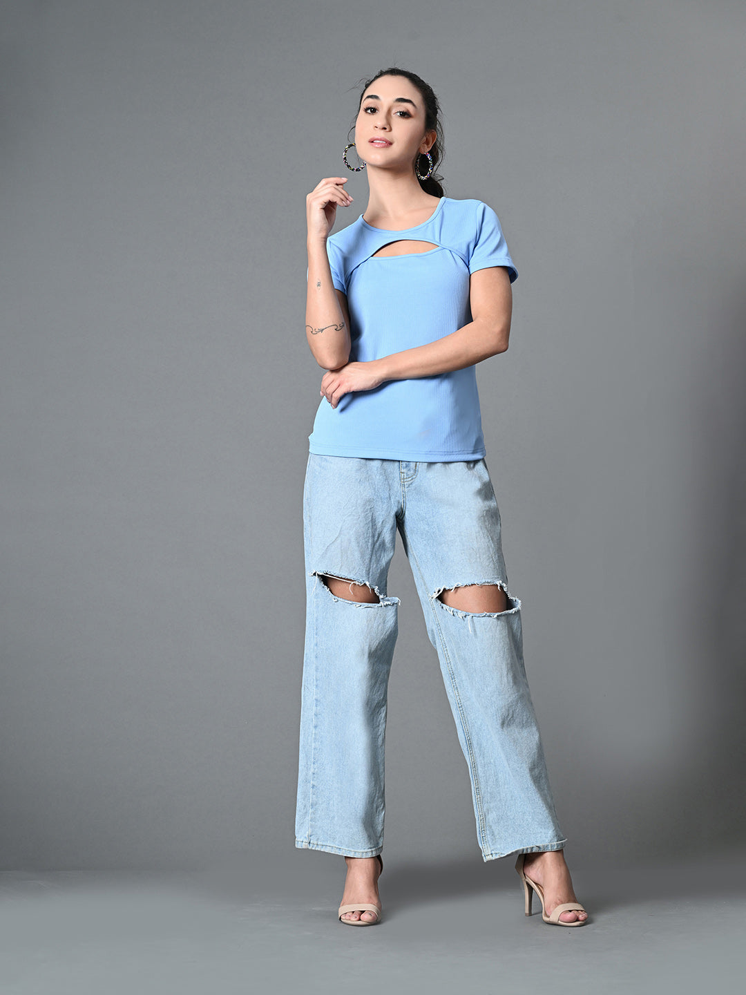 Myshka Women's Ribbed Round Neck Cut-out Short Sleeves Top in Blue Color | Grocsy