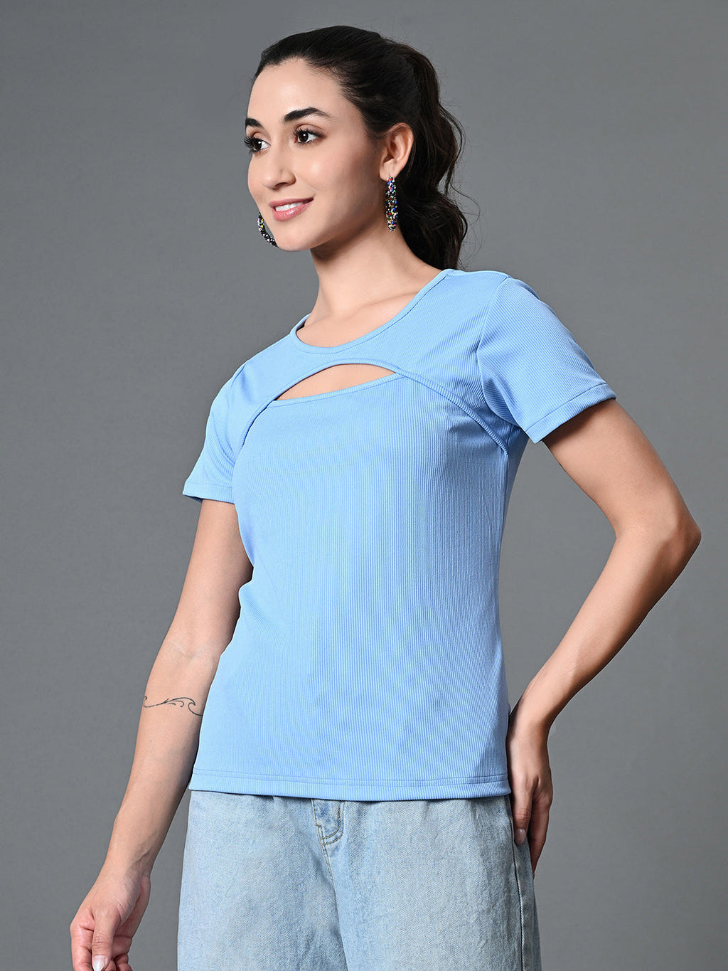 Myshka Women's Ribbed Round Neck Cut-out Short Sleeves Top in Blue Color | Grocsy