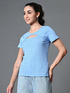 Myshka Women's Ribbed Round Neck Cut-out Short Sleeves Top in Blue Color | Grocsy