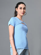Myshka Women's Ribbed Round Neck Cut-out Short Sleeves Top in Blue Color | Grocsy