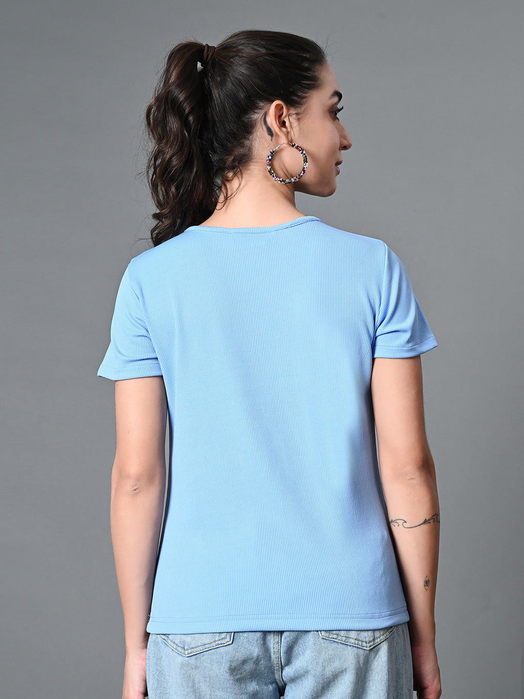Myshka Women's Ribbed Round Neck Cut-out Short Sleeves Top in Blue Color | Grocsy