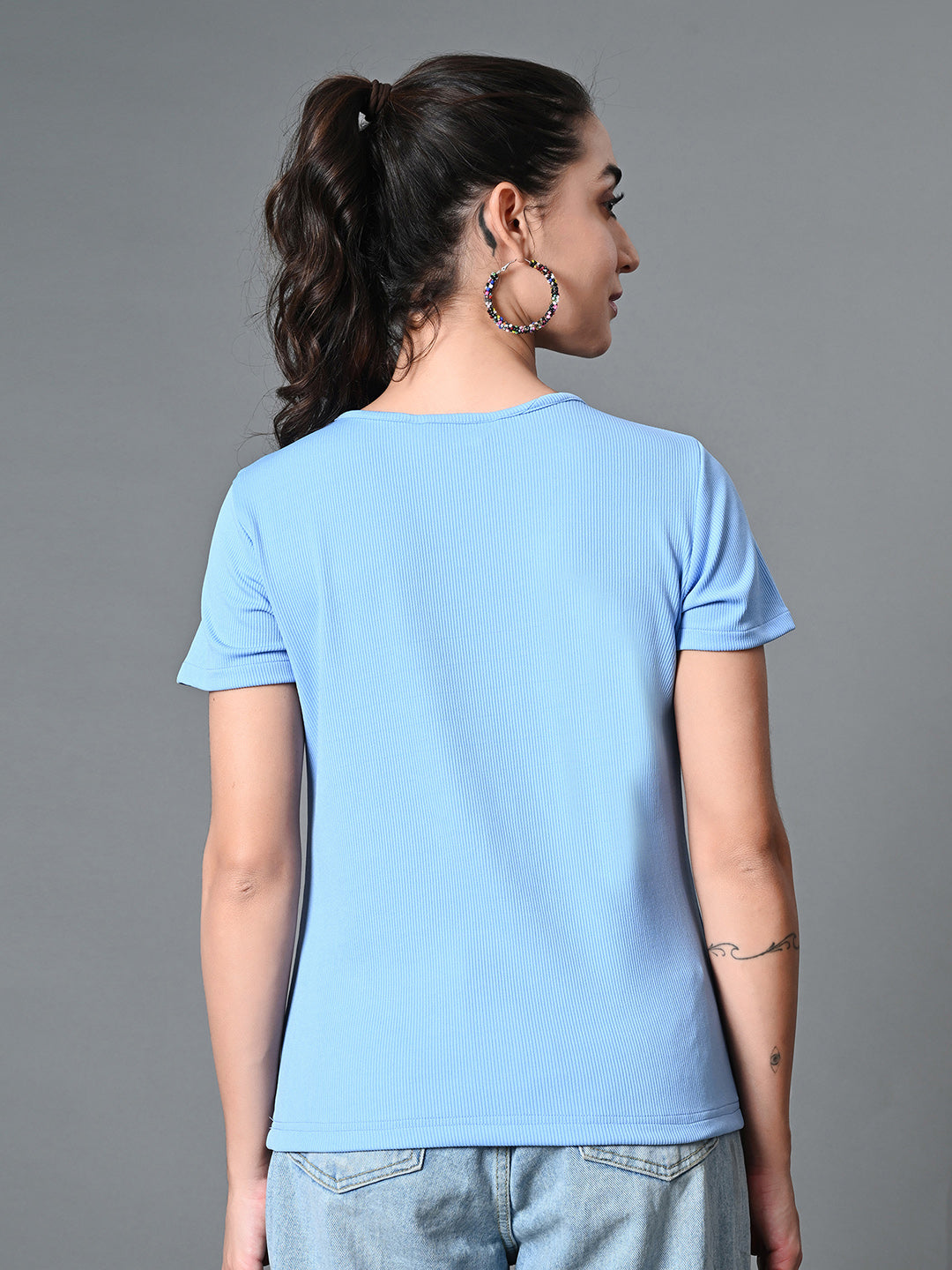 Myshka Women's Ribbed Round Neck Cut-out Short Sleeves Top in Blue Color | Grocsy