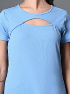 Myshka Women's Ribbed Round Neck Cut-out Short Sleeves Top in Blue Color | Grocsy