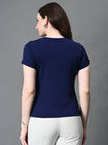 Myshka Women's Ribbed Round Neck Cut-out Short Sleeves Top in Navy Blue Color | Grocsy