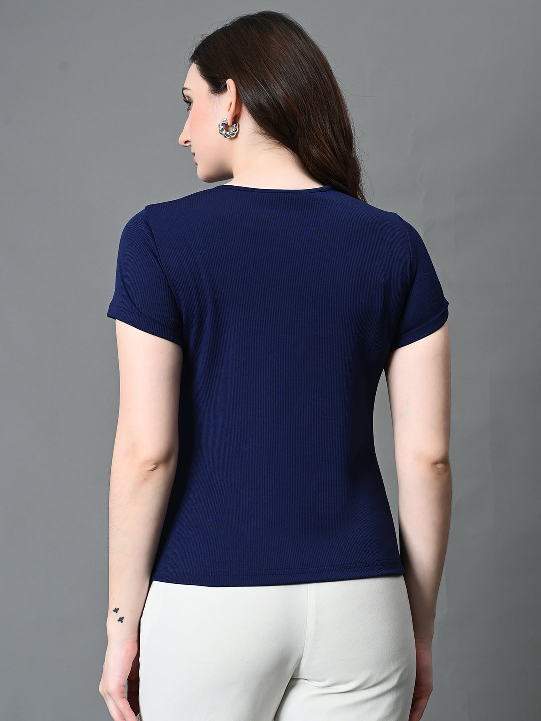 Myshka Women's Ribbed Round Neck Cut-out Short Sleeves Top in Navy Blue Color | Grocsy