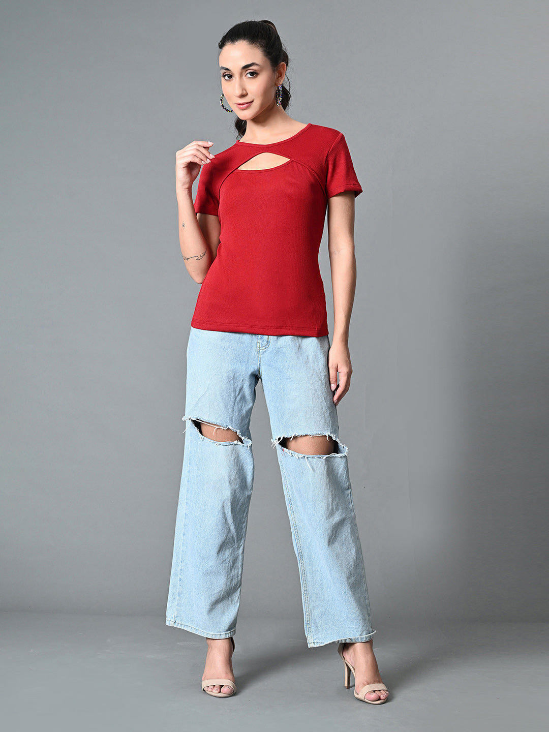 Myshka Women's Ribbed Round Neck Cut-out Short Sleeves Top in Maroon Color | Grocsy