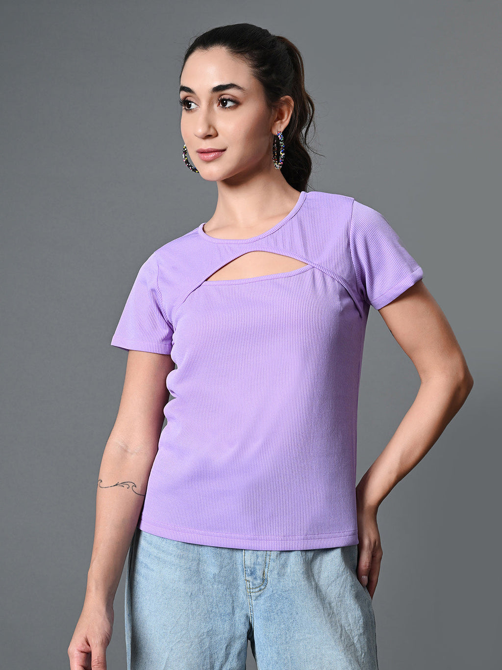 Myshka Women's Ribbed Round Neck Cut-out Short Sleeves Top in Lavender Color | Grocsy