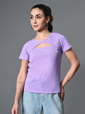 Myshka Women's Ribbed Round Neck Cut-out Short Sleeves Top in Lavender Color | Grocsy