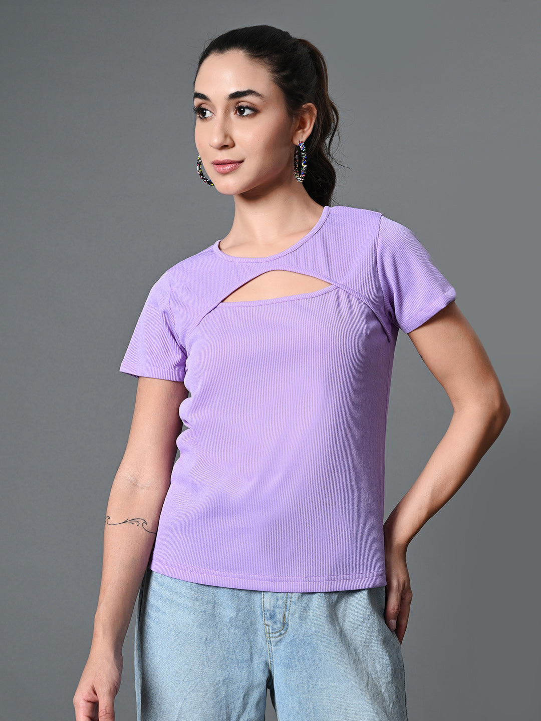 Myshka Women's Ribbed Round Neck Cut-out Short Sleeves Top in Lavender Color | Grocsy