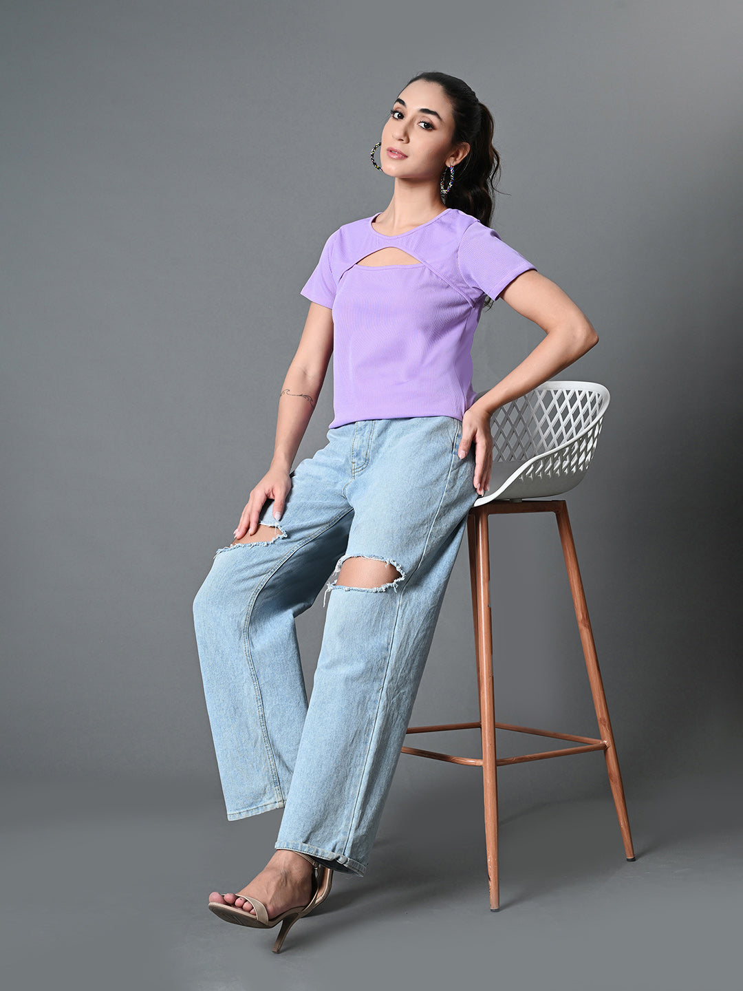Myshka Women's Ribbed Round Neck Cut-out Short Sleeves Top in Lavender Color | Grocsy