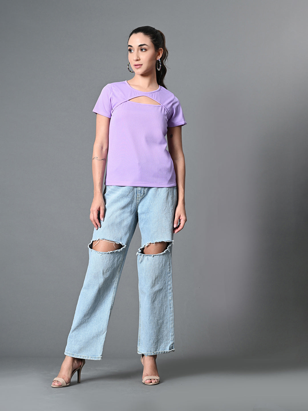Myshka Women's Ribbed Round Neck Cut-out Short Sleeves Top in Lavender Color | Grocsy