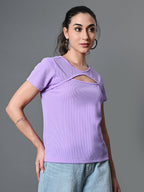 Myshka Women's Ribbed Round Neck Cut-out Short Sleeves Top in Lavender Color | Grocsy
