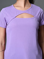 Myshka Women's Ribbed Round Neck Cut-out Short Sleeves Top in Lavender Color | Grocsy