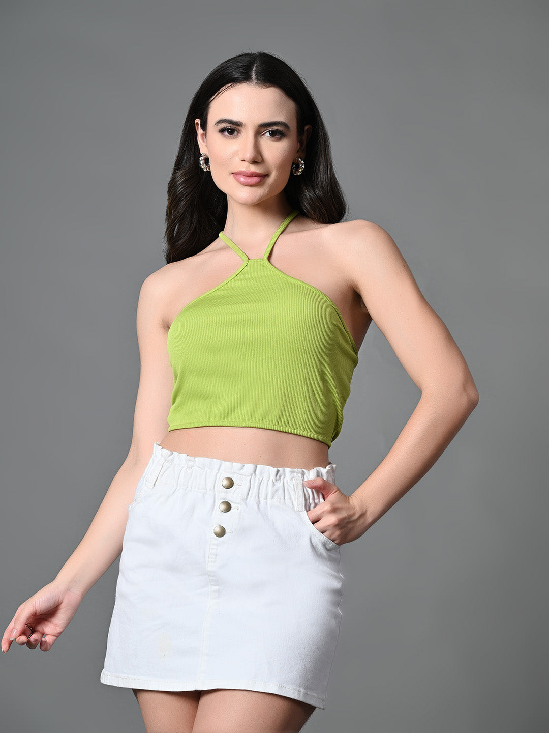 Myshka Women's Ribbed Halter Neck Sleeveless Top in Green Color | Grocsy