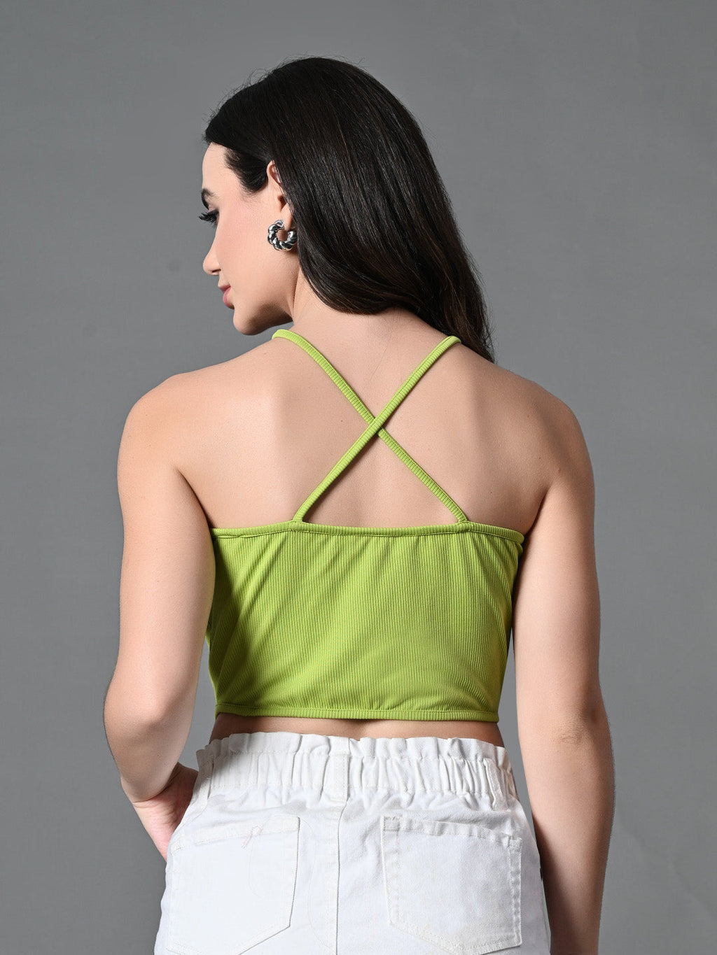 Myshka Women's Ribbed Halter Neck Sleeveless Top in Green Color | Grocsy