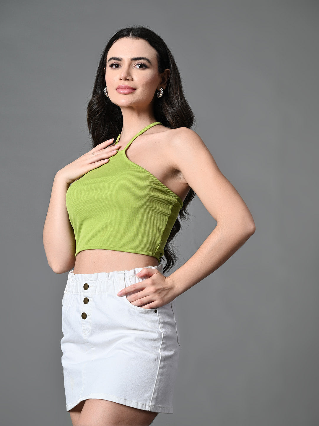 Myshka Women's Ribbed Halter Neck Sleeveless Top in Green Color | Grocsy