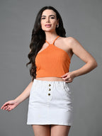 Myshka Women's Ribbed Halter Neck Sleeveless Top in Orange Color | Grocsy