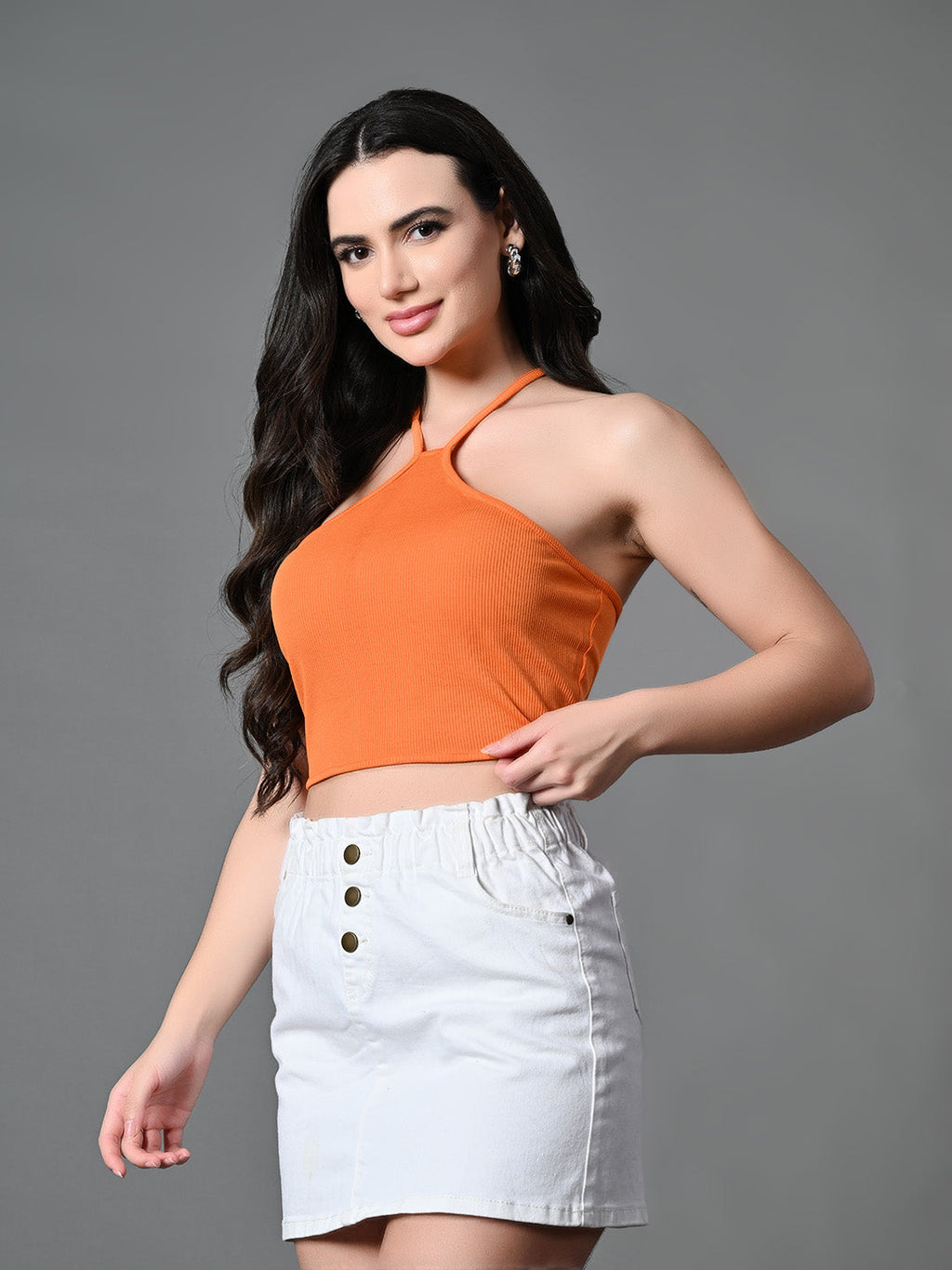 Myshka Women's Ribbed Halter Neck Sleeveless Top in Orange Color | Grocsy
