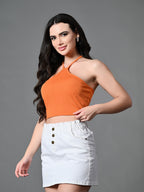 Myshka Women's Ribbed Halter Neck Sleeveless Top in Orange Color | Grocsy