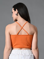 Myshka Women's Ribbed Halter Neck Sleeveless Top in Orange Color | Grocsy