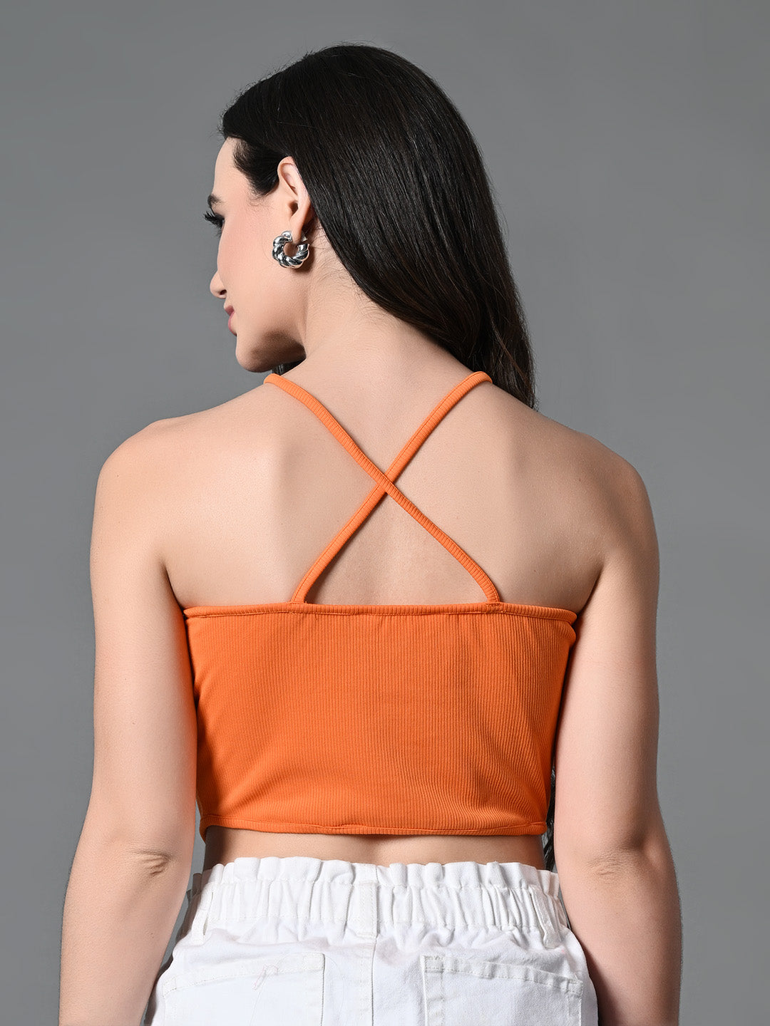 Myshka Women's Ribbed Halter Neck Sleeveless Top in Orange Color | Grocsy