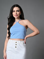 Myshka Women's Ribbed Halter Neck Sleeveless Top in Blue Color | Grocsy