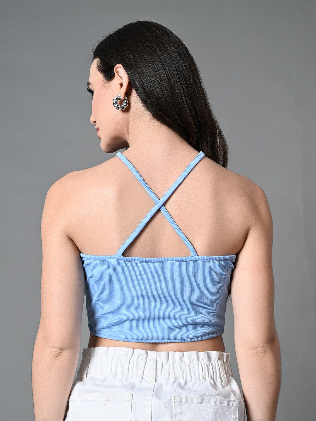 Myshka Women's Ribbed Halter Neck Sleeveless Top in Blue Color | Grocsy