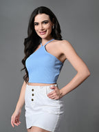 Myshka Women's Ribbed Halter Neck Sleeveless Top in Blue Color | Grocsy