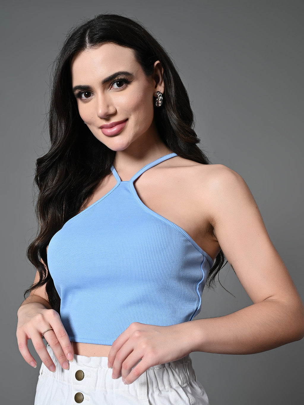 Myshka Women's Ribbed Halter Neck Sleeveless Top in Blue Color | Grocsy